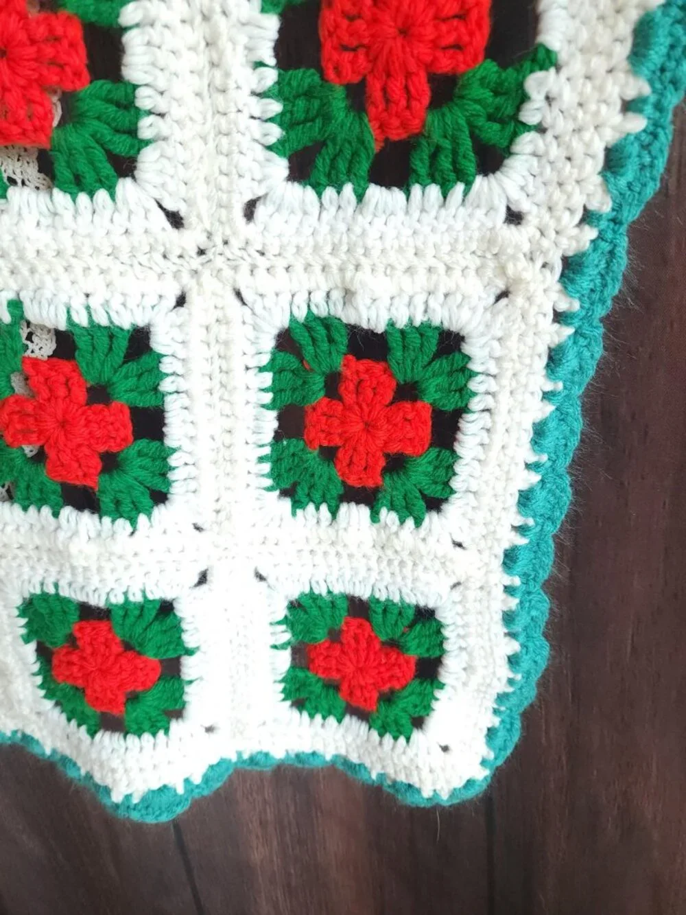 Vintage 1970s Afghan, Granny Square Crochet Lap Blanket, Red Green White Poinset